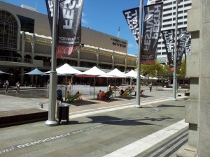 City square with fountains...and deck chairs